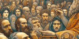 a crowd gathered, listening to Pericles' speech